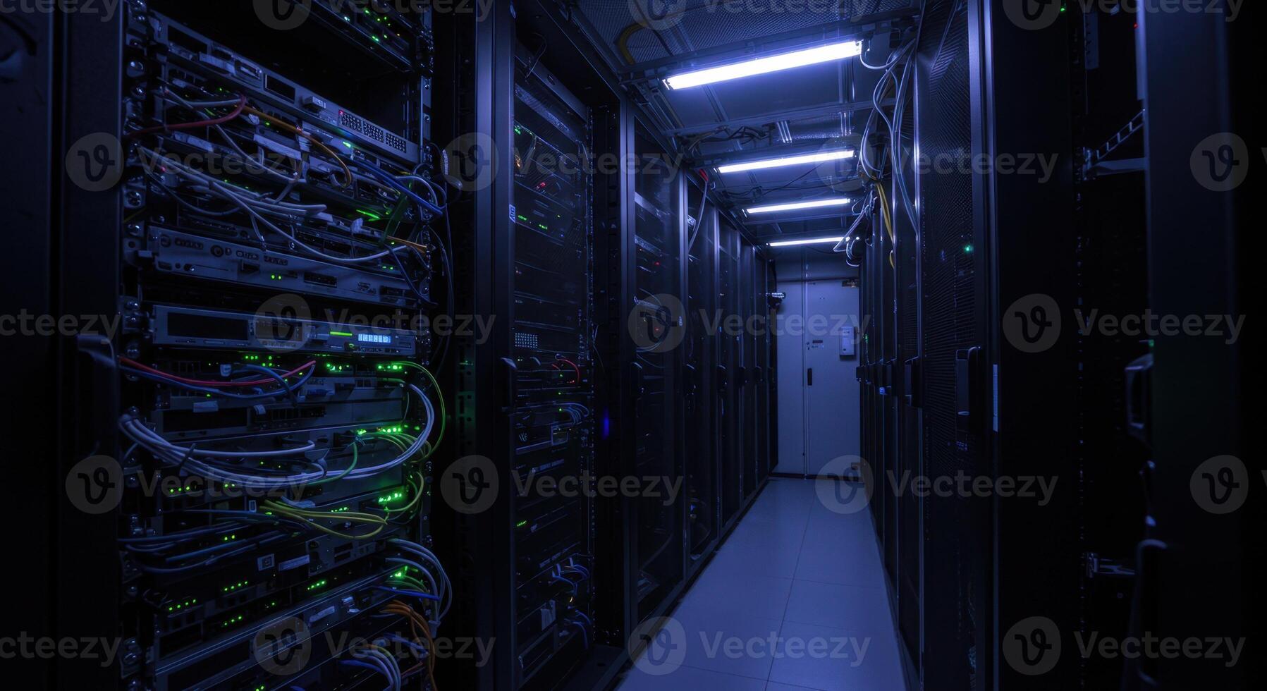 High-Tech Data Center Server Room with Network Cables and LED Indicators photo