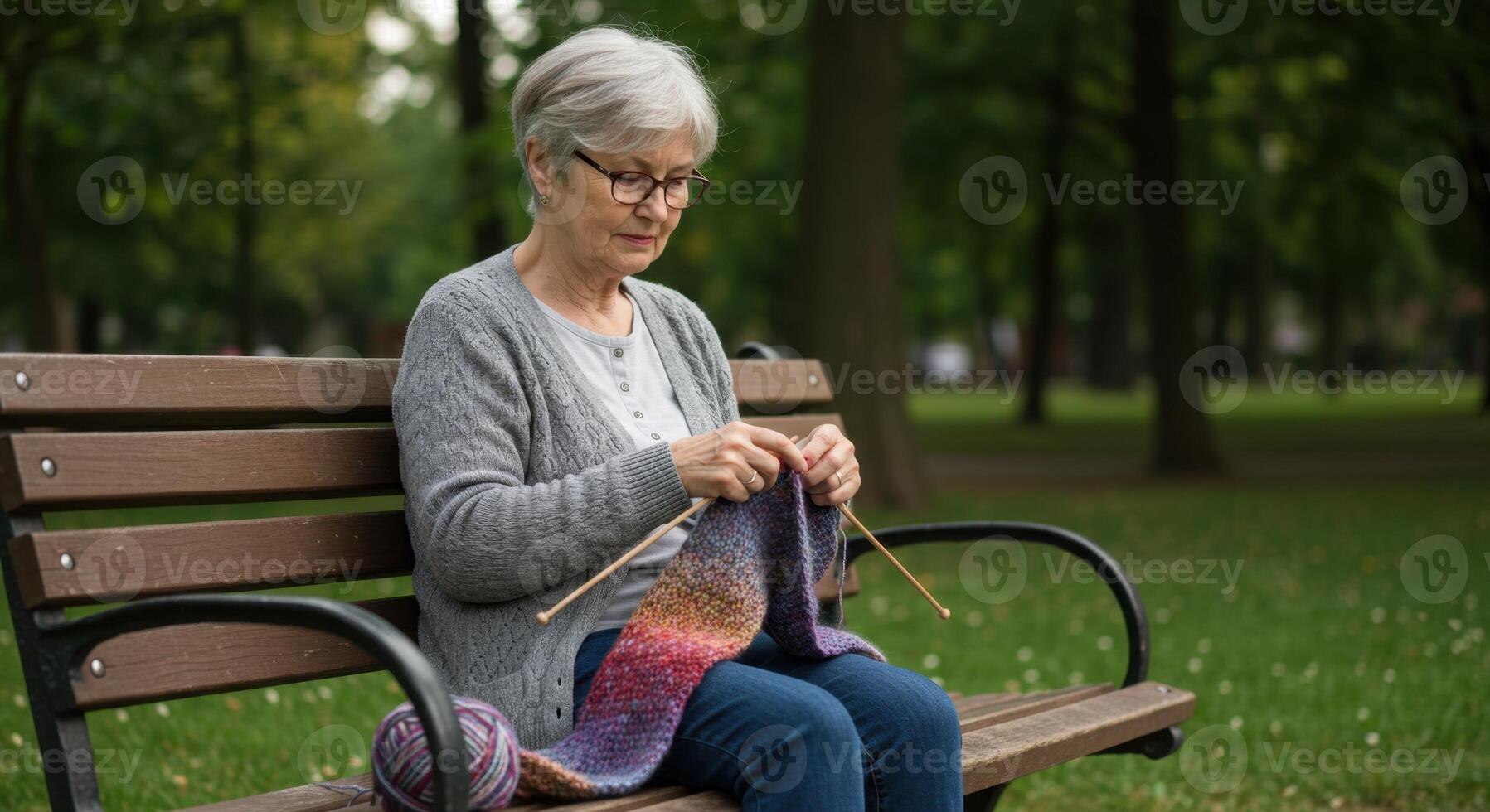 Elderly White Woman of European Descent Knitting on Park Bench in Cozy Cardigan and Glasses photo