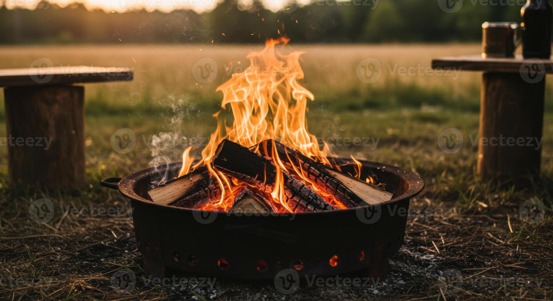 Glowing Campfire Burning in Fire Pit at Sunset with Rustic Benches in Outdoor Field photo