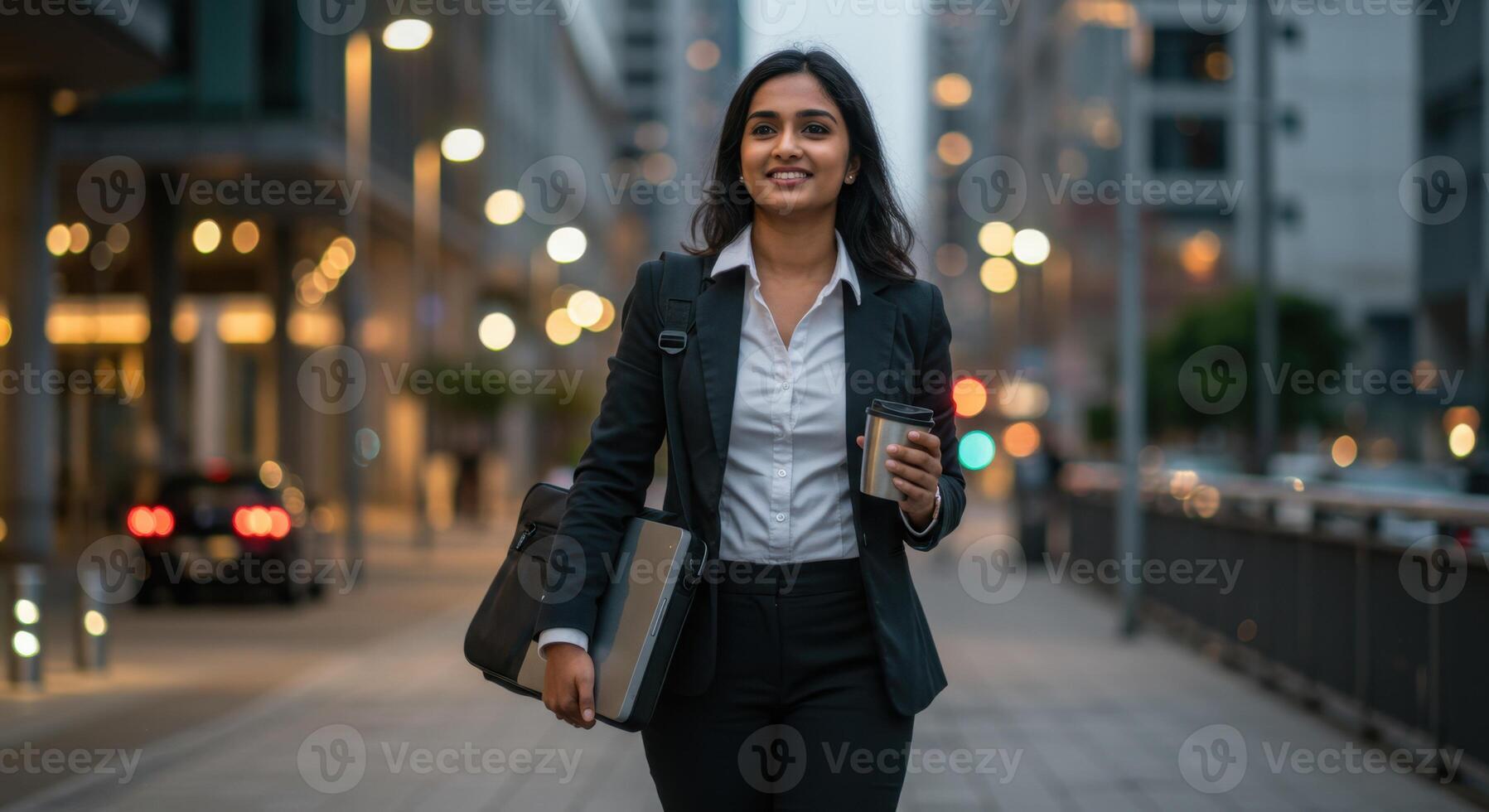Confident South Asian Woman with Long Black Hair in Business Suit Walking in City Street with Coffee and Laptop at Dusk photo