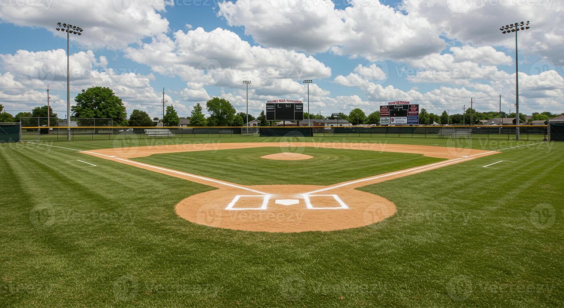 Empty Baseball Field on a Sunny Day with Green Grass and Clear Blue Sky photo
