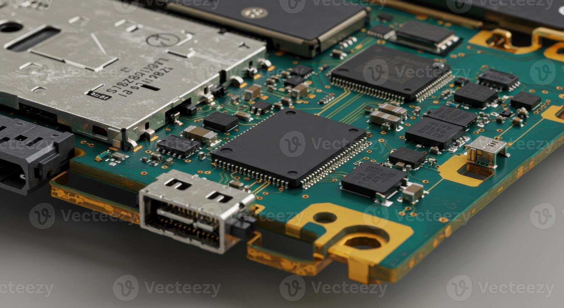 Close-Up of Electronic Circuit Board with Microchips and Connectors photo