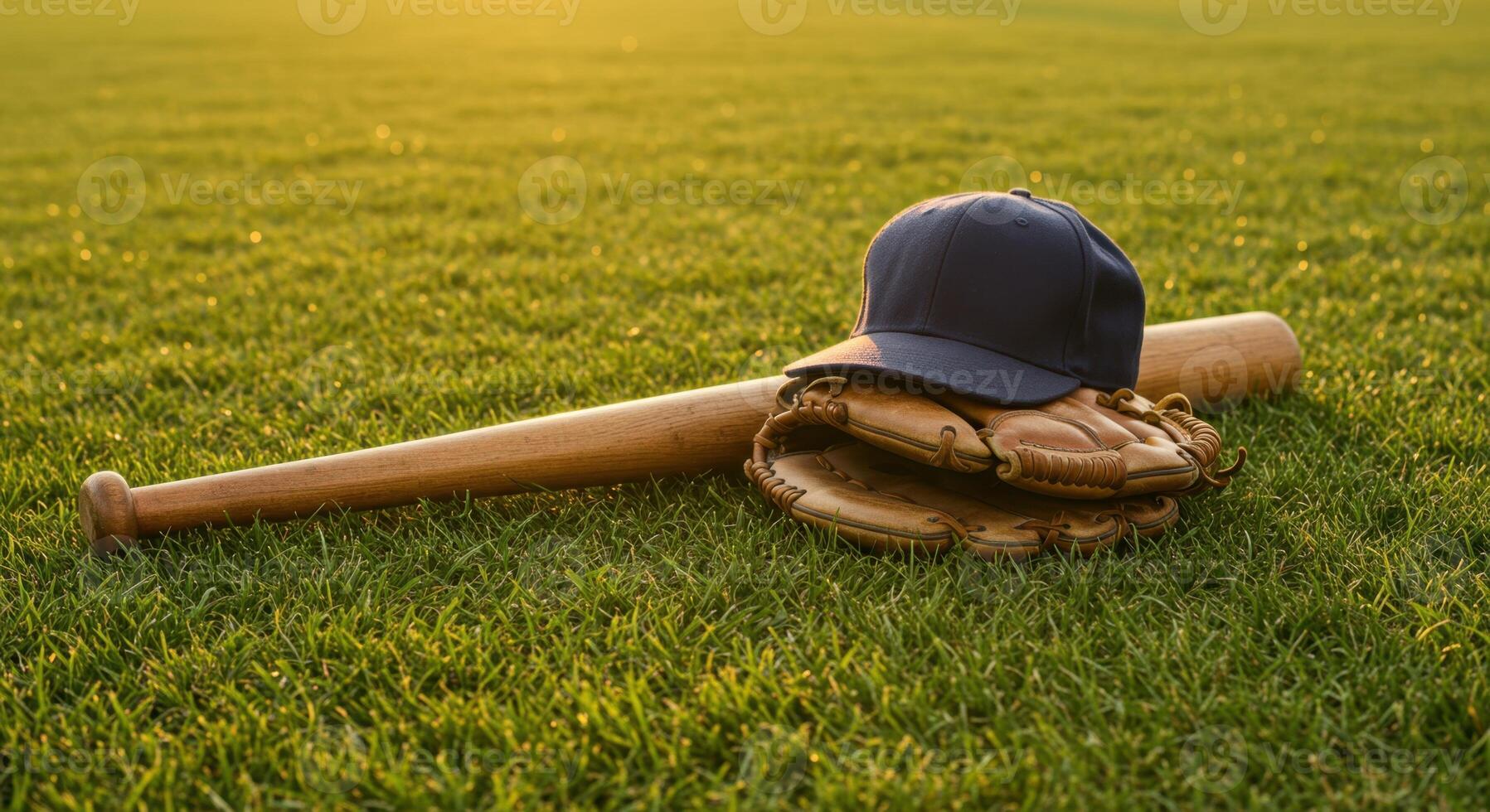 Baseball Equipment on Grass Field at Sunset - Cap, Glove, and Bat photo
