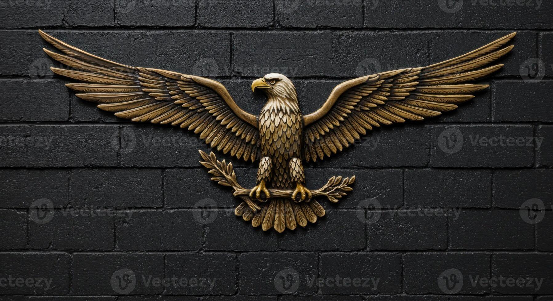 Bronze Bald Eagle Emblem Mounted on Black Brick Wall - American Patriotic Symbol photo