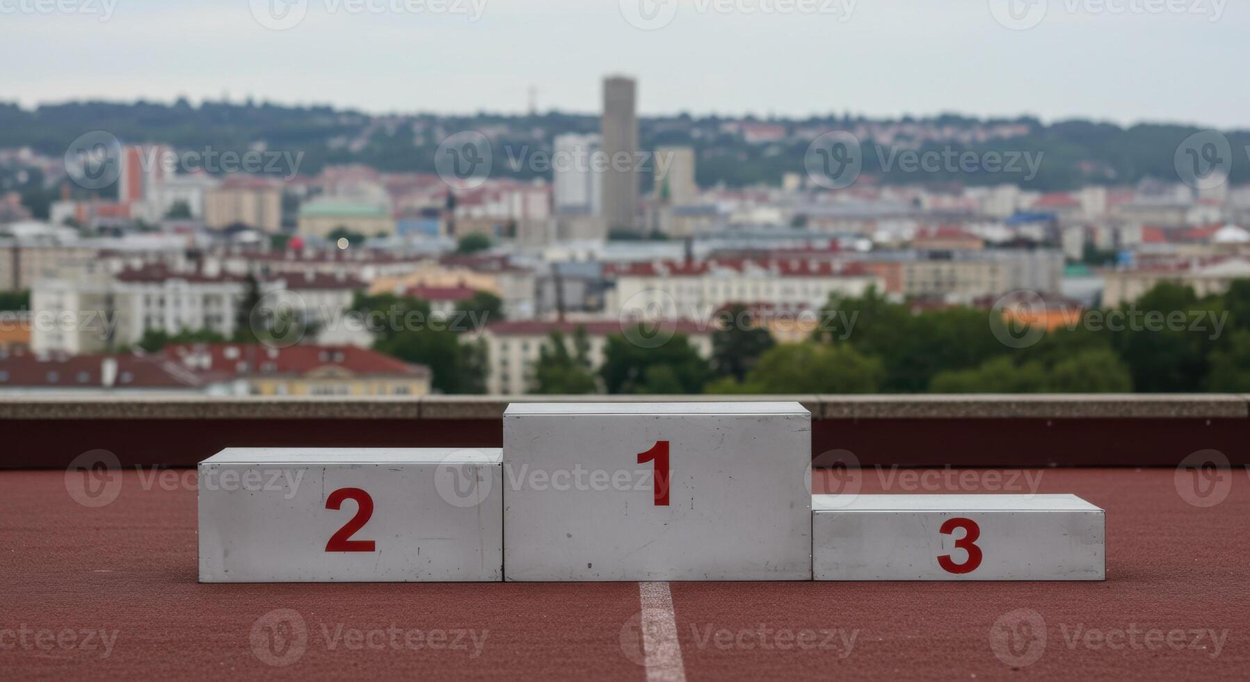 Empty Sports Podium for Winners with City Skyline Background - Symbol of Victory, Ranking, and Athletic Achievement photo
