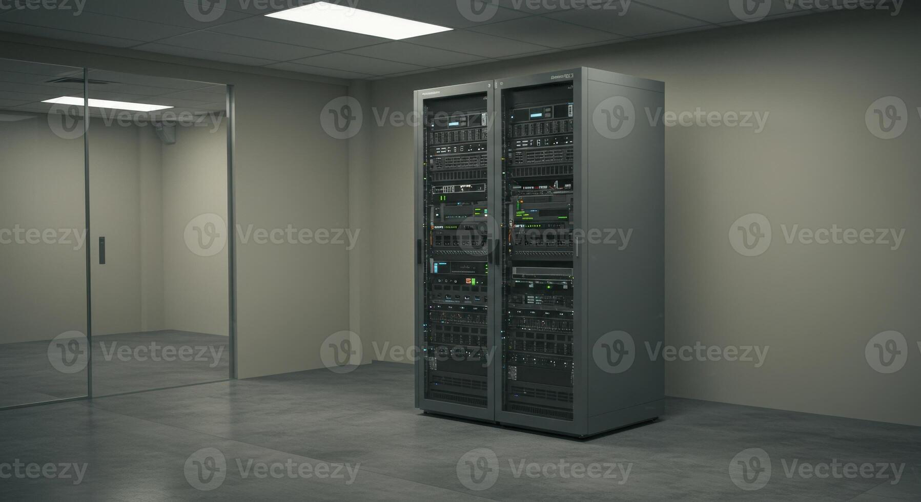Modern Minimalist Server Room with Data Racks and Glass Partition Wall photo