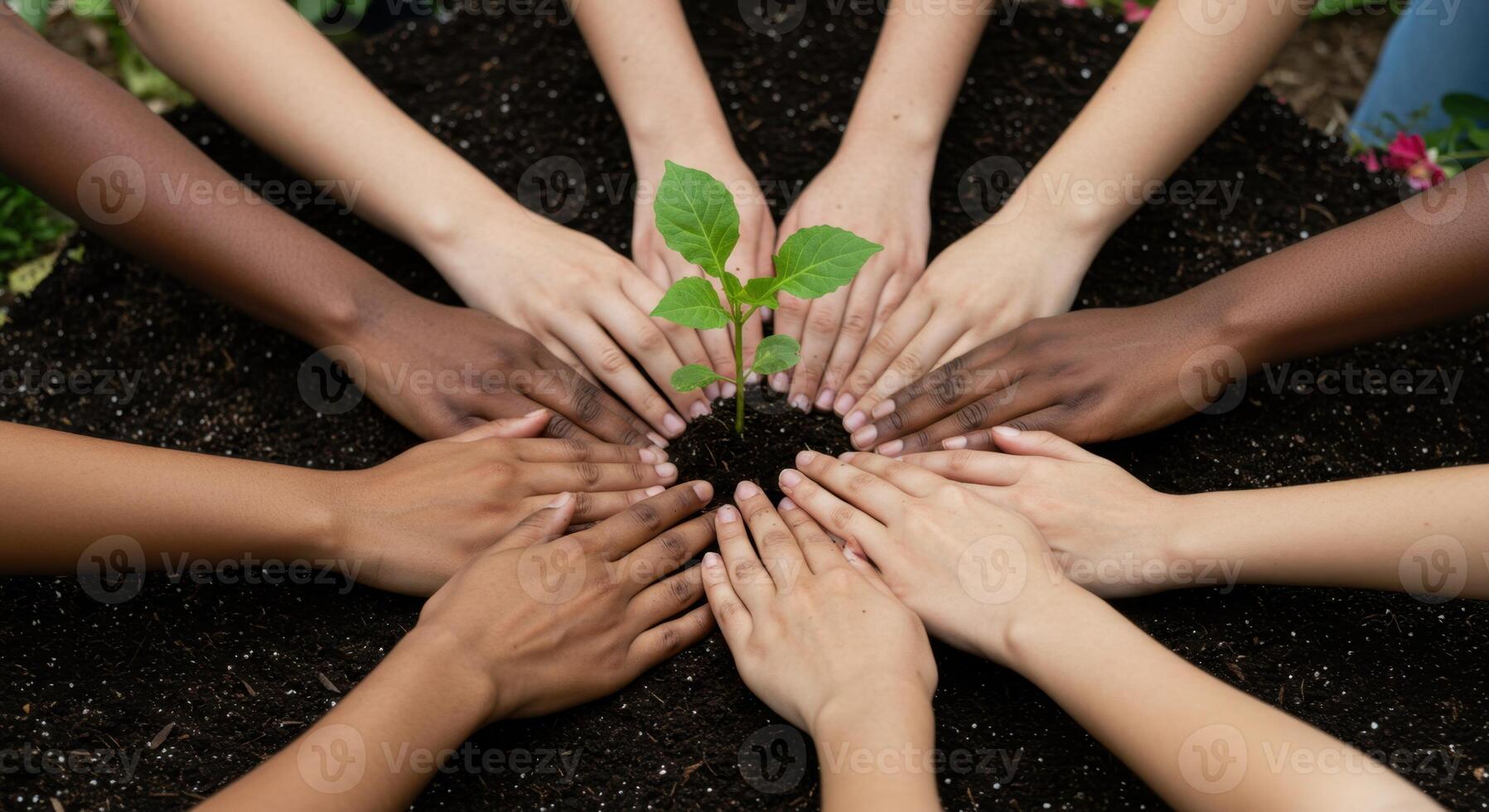 Multiracial Hands United Around a Seedling in Soil -Symbol of Environmental Unity and Diversity in Sustainability photo
