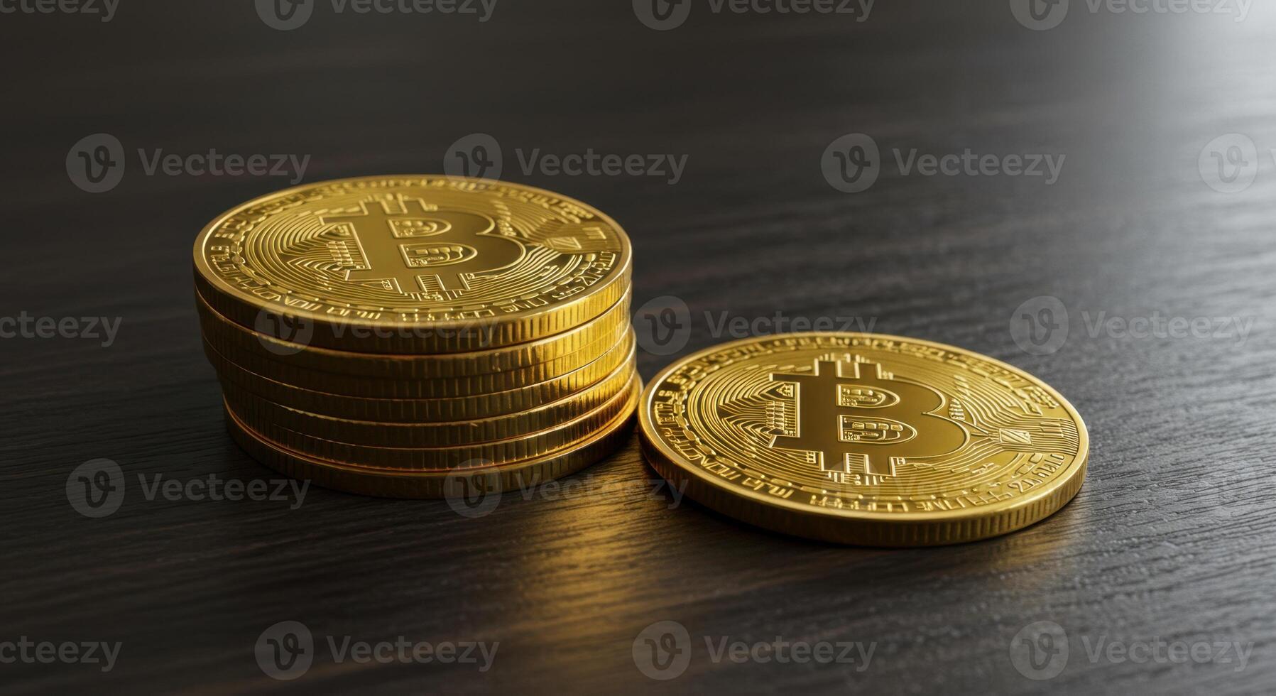 Stack of Gold Bit coin Cryptocurrency Coins on Dark Wooden Surface - Digital Currency Concept photo