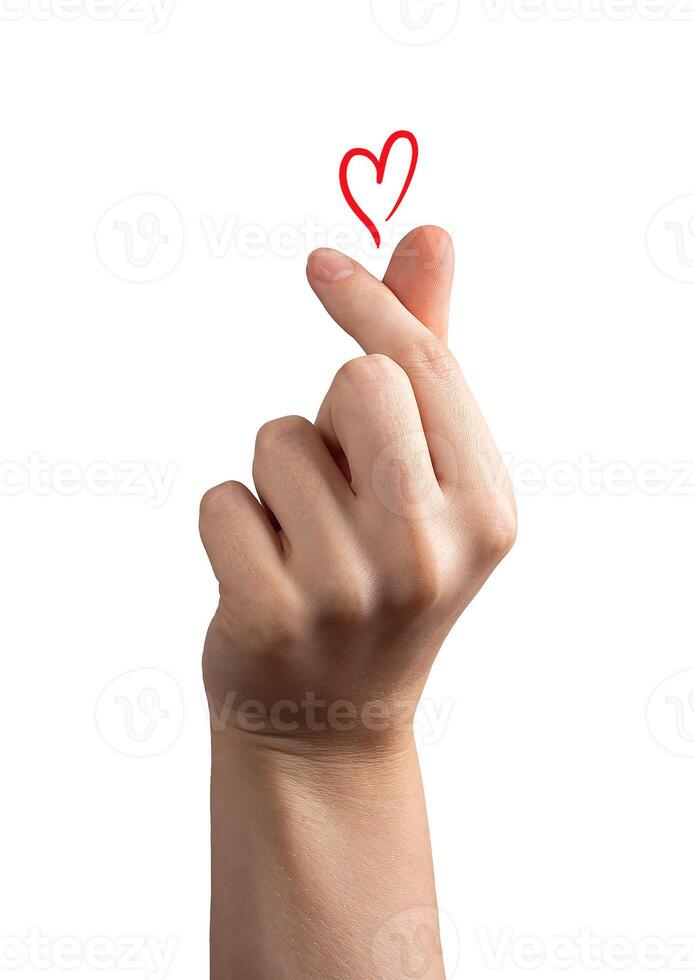 Hand forming a heart shape with fingers, symbolizing love and affection. Romantic gesture expressing photo