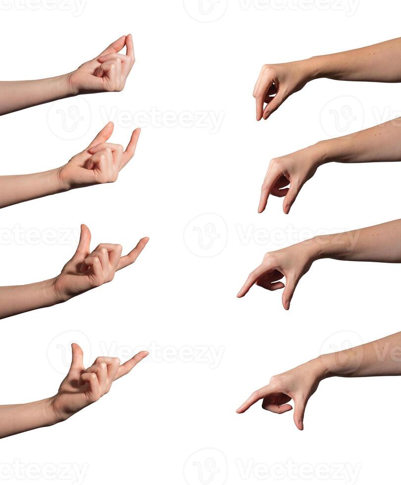 Hand set. Female hand showing gesture to hold, pinch, clutch, take or handle small item, empty pose photo