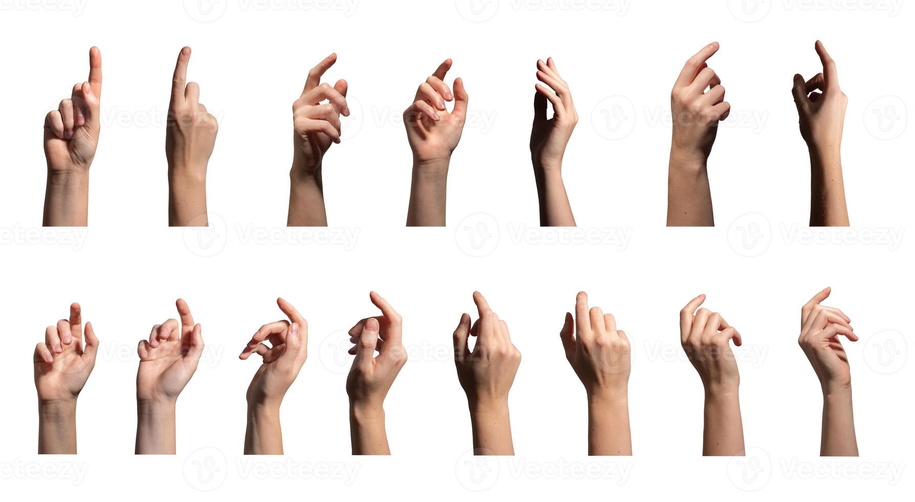 Arm gesture collection. Female hand showing different finger movements, index pointing, touching, photo