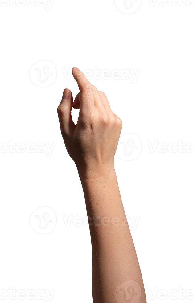 Hand with finger pointing. Woman making gesture to click, tap, push or select button, showing symbol photo