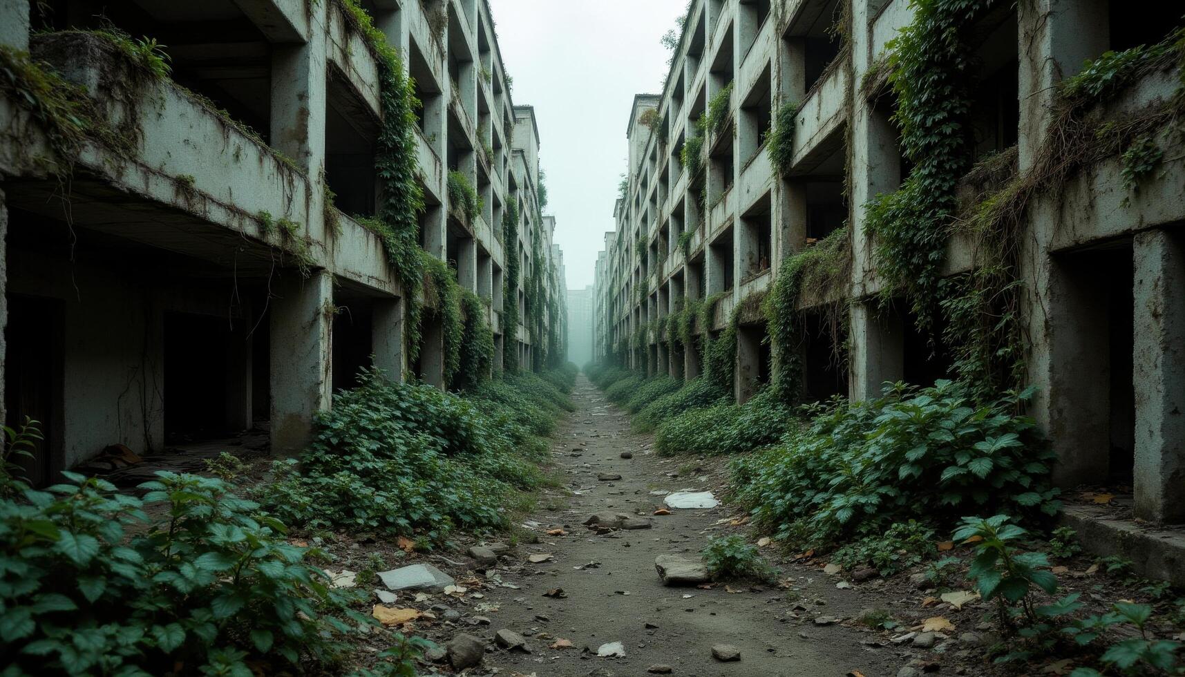 A run down post apocalyptic city, overgrown with vines and nature reclaiming the ruins. photo