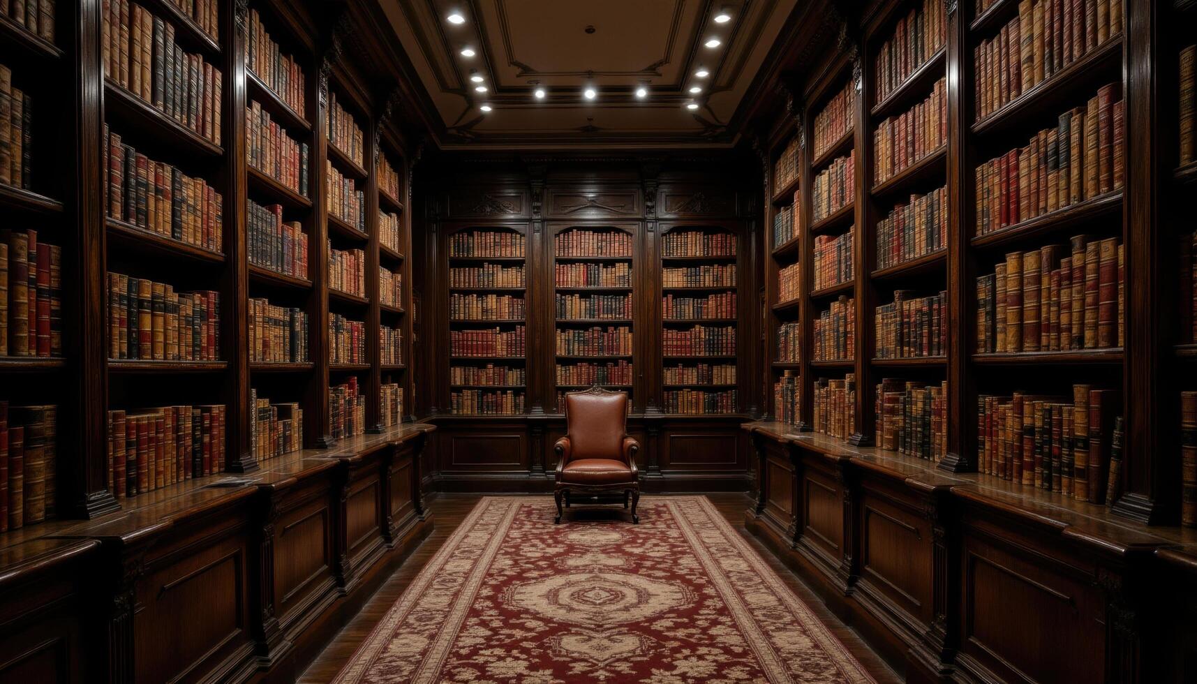 The interior of an old library, lined with bookshelves filled with leather bound volumes. photo