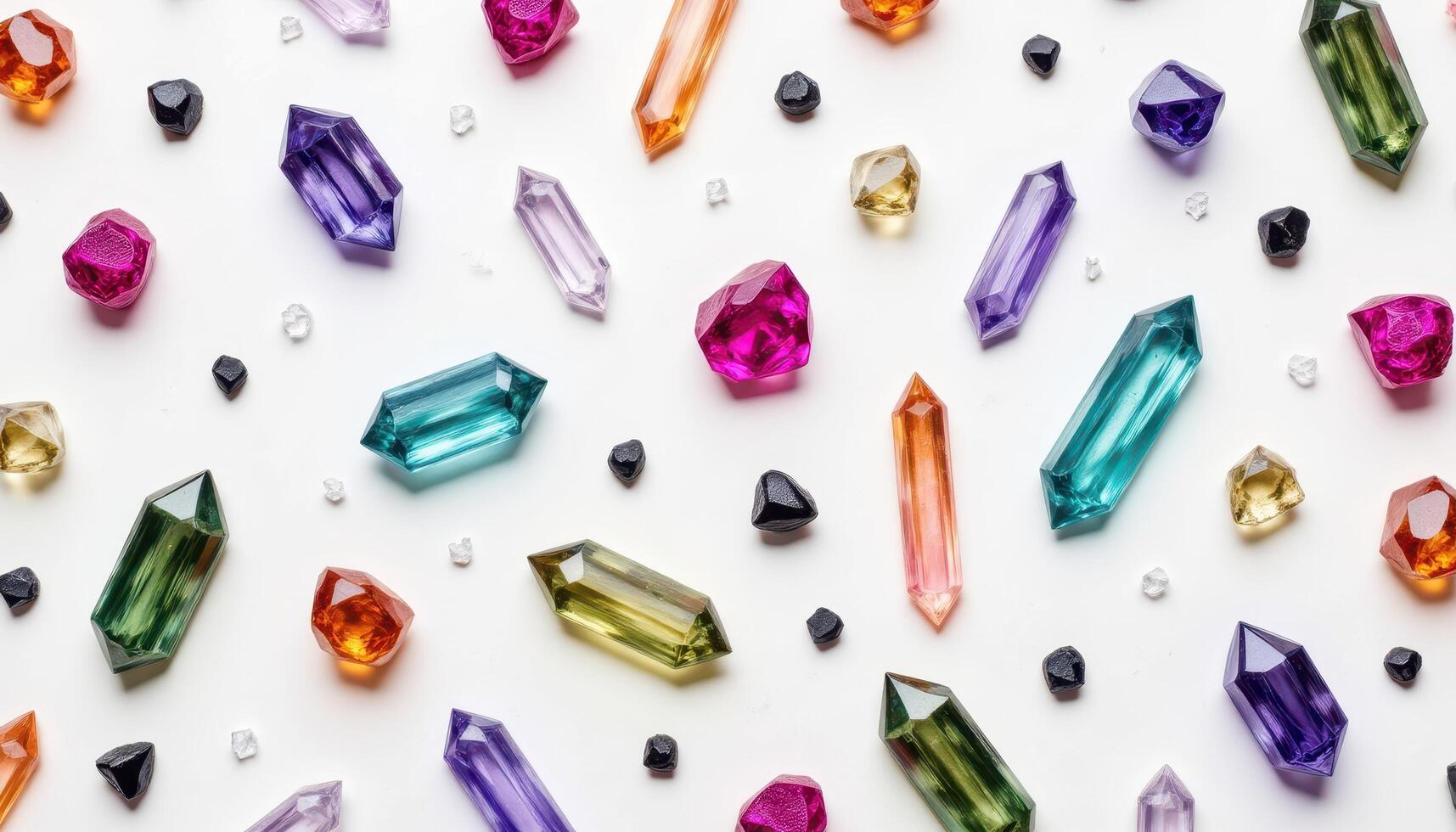 A scattering of crystals, each with unique shapes, colors, and transparency. photo