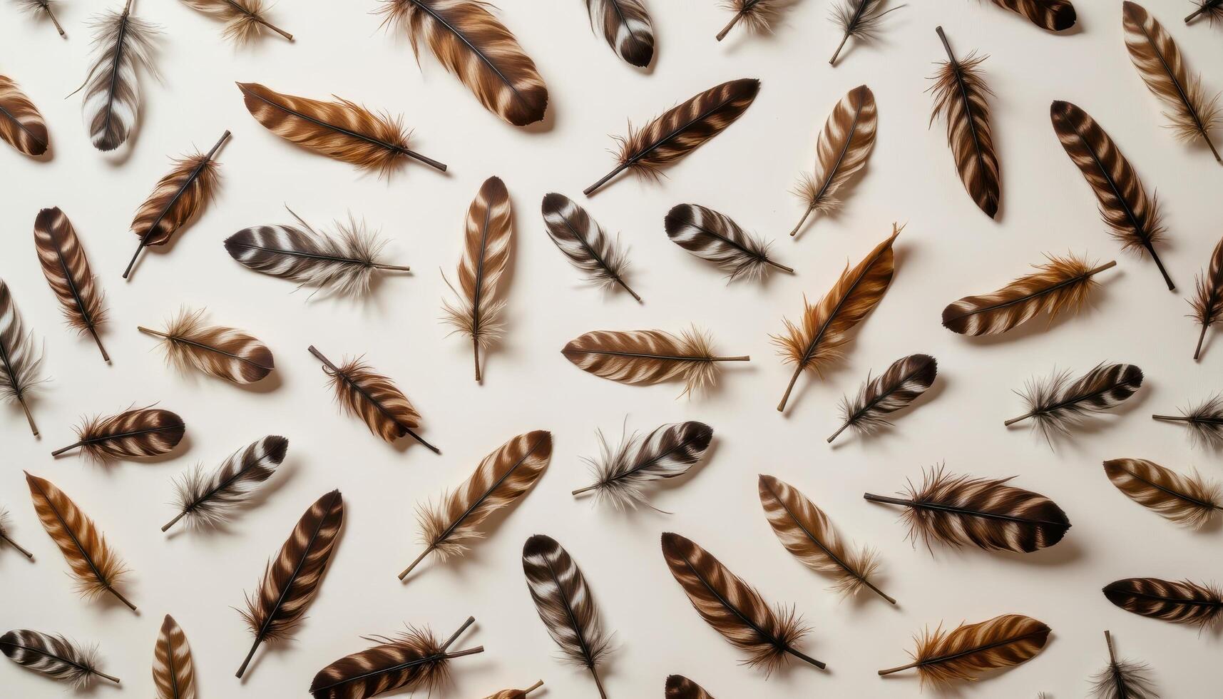 A scattering of feathers, each with unique colors, patterns, and textures, carried by the wind. photo