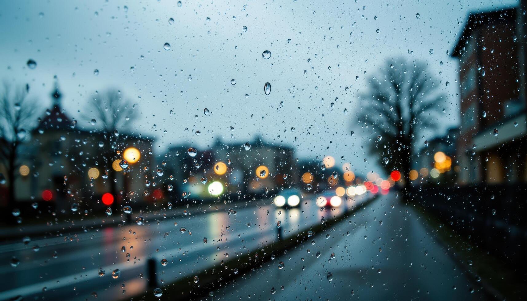 A close up of raindrops on a windowpane, distorting the view beyond and creating abstract patterns. photo