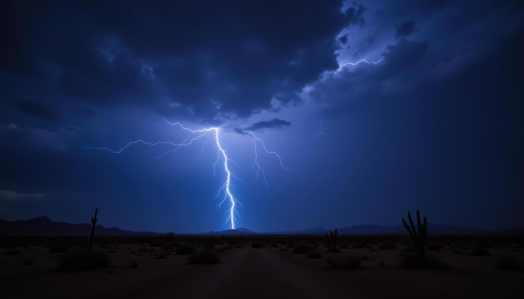 A thunderstorm over a desert landscape, lightning bolts illuminating the dark sky. photo