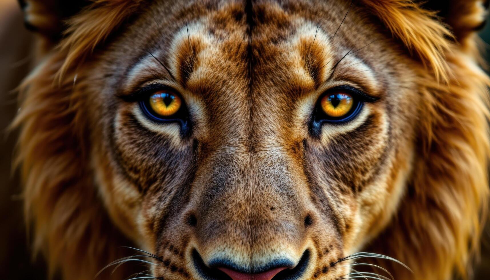 A close up of a lion's face with piercing golden eyes and a flowing mane, staring intensely. photo