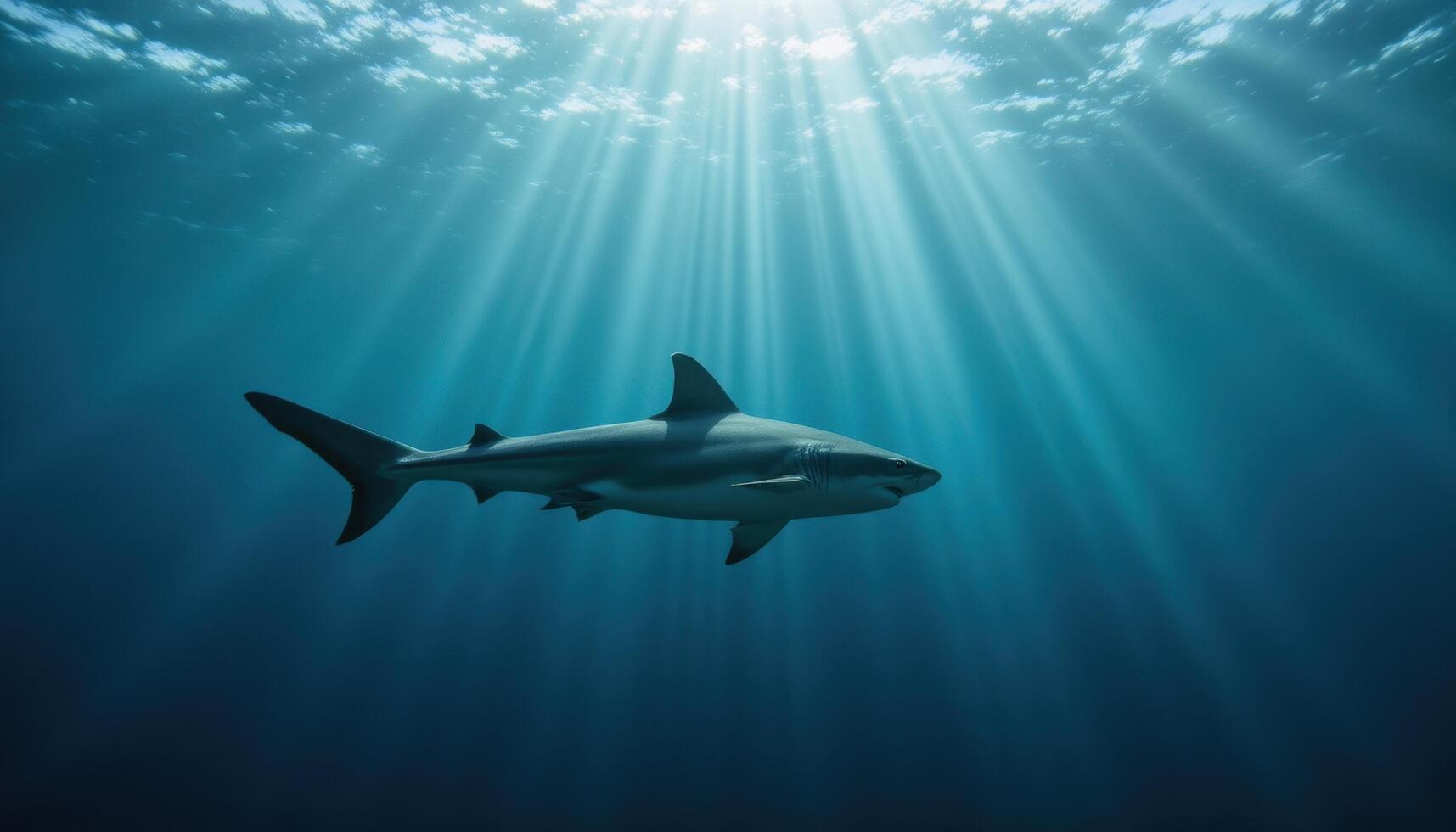 A shark swimming just below the ocean surface, light rays penetrating the water. photo
