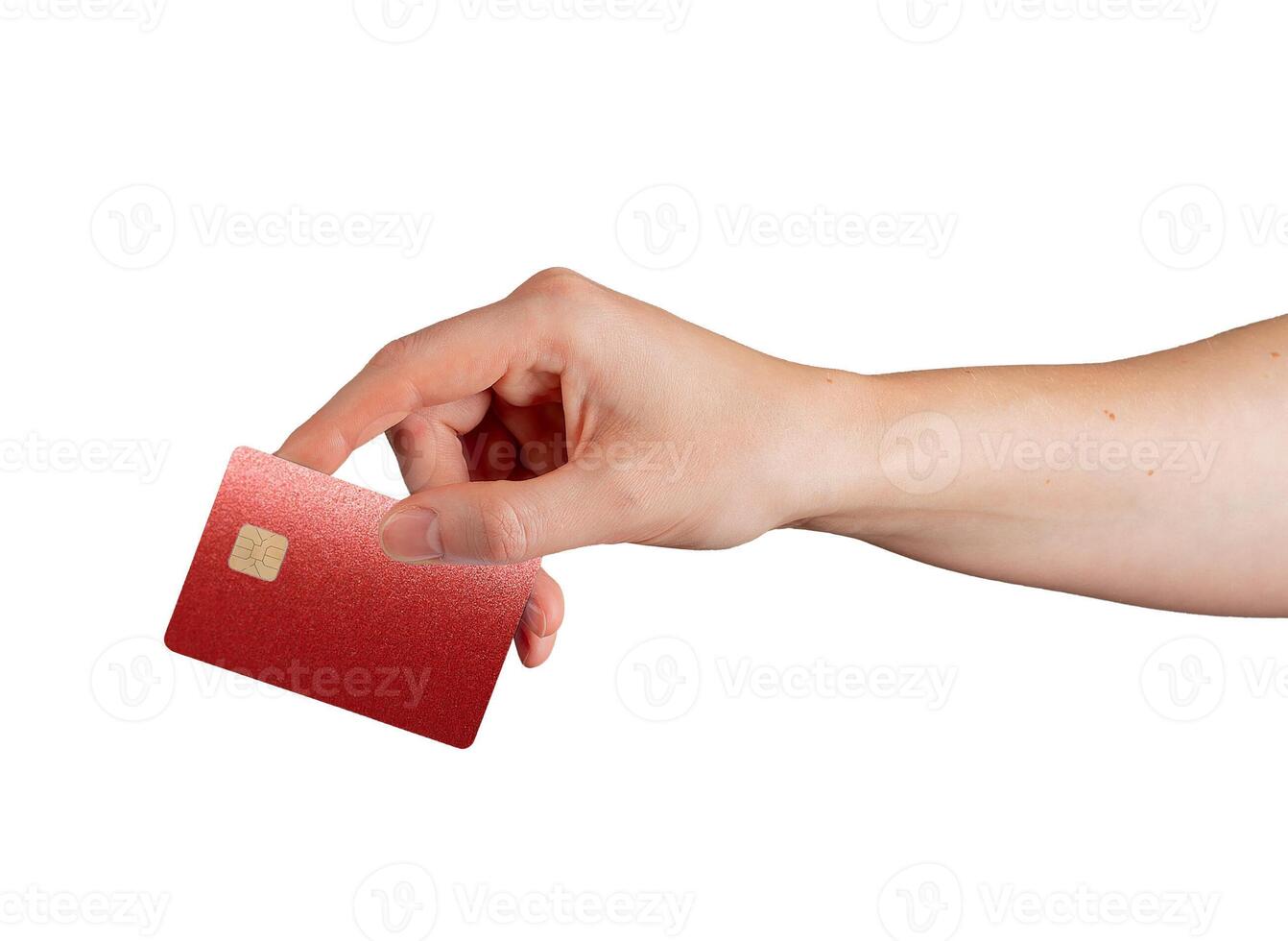 Card for payment service. Customer hand holding shiny plastic credit and debit bank card with chip, photo