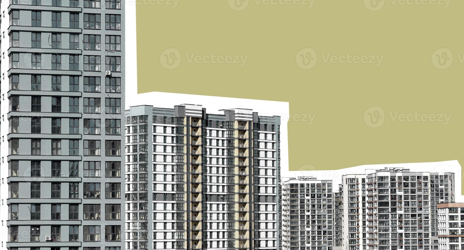 Building with modern architecture. Tall high rise apartment with multistory facade, urban photo