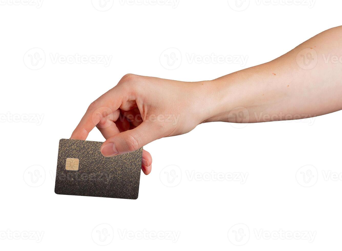 Card in hand. Customer showing elegant plastic bank credit and debit product with sim, brown and photo
