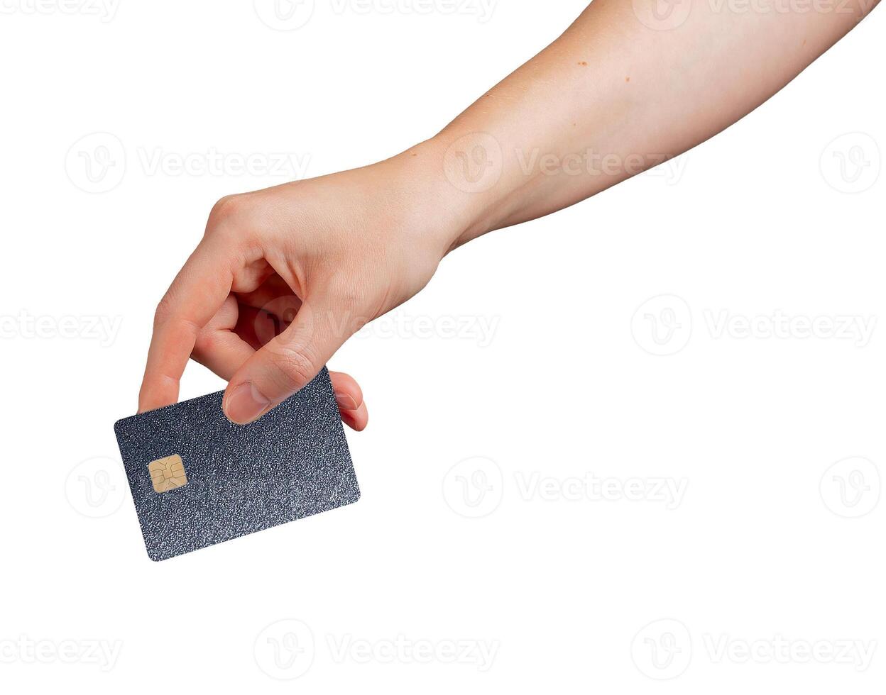 Card in hand. Client showing elegant plastic bank credit and debit object with chip, gradient photo