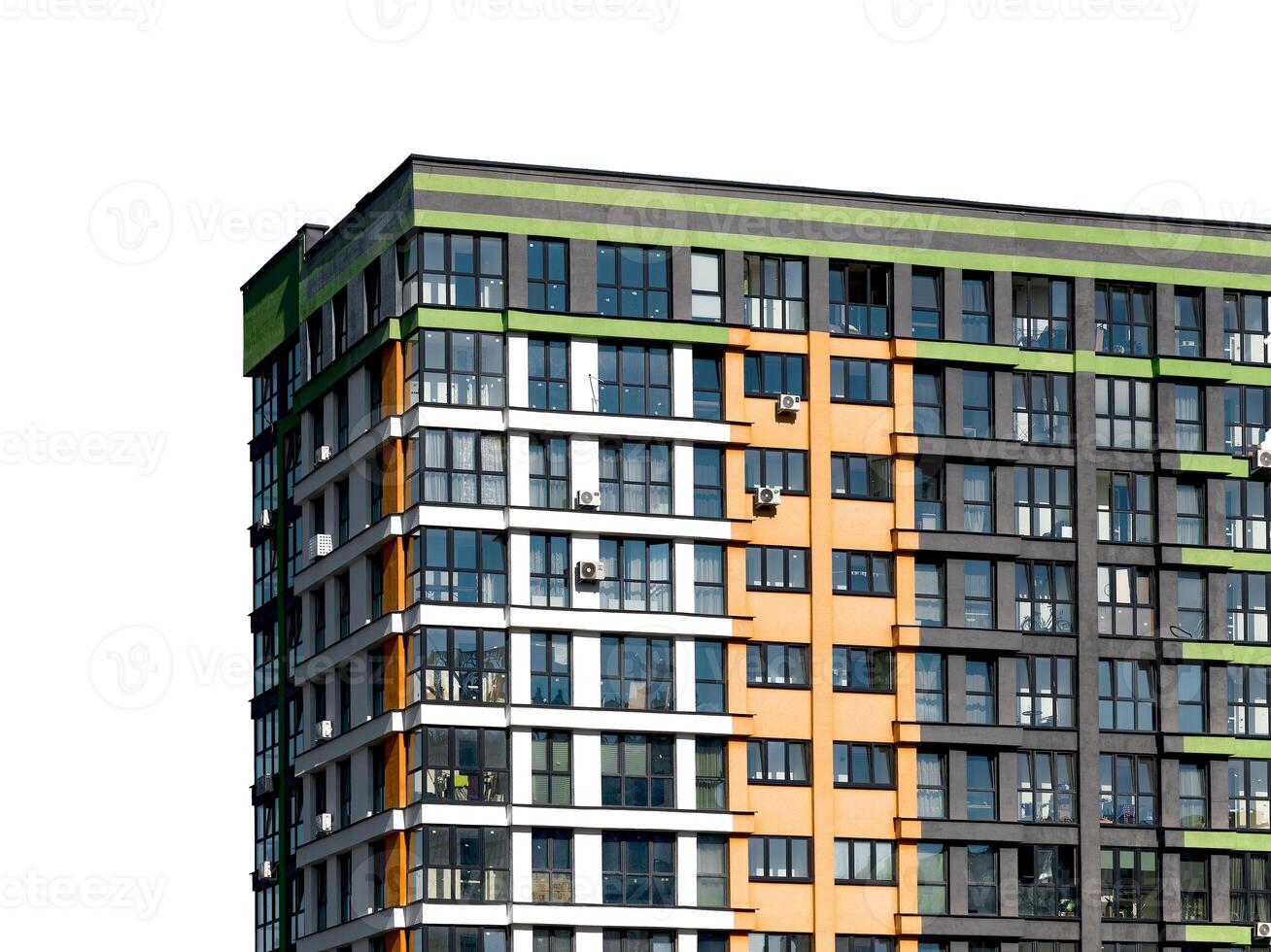 Building with modern architecture. Tall highrise condominium with multistorey facade, urban city photo