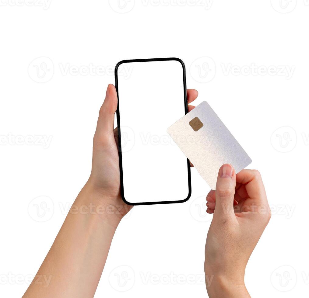 Card and phone mockup in hand. Client showing plastic bank credit and debit product with chip and photo