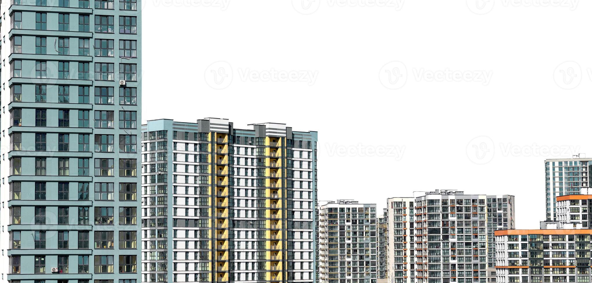 Building with modern architecture. Tall highrise apartment with multistory facade, urban housing, photo