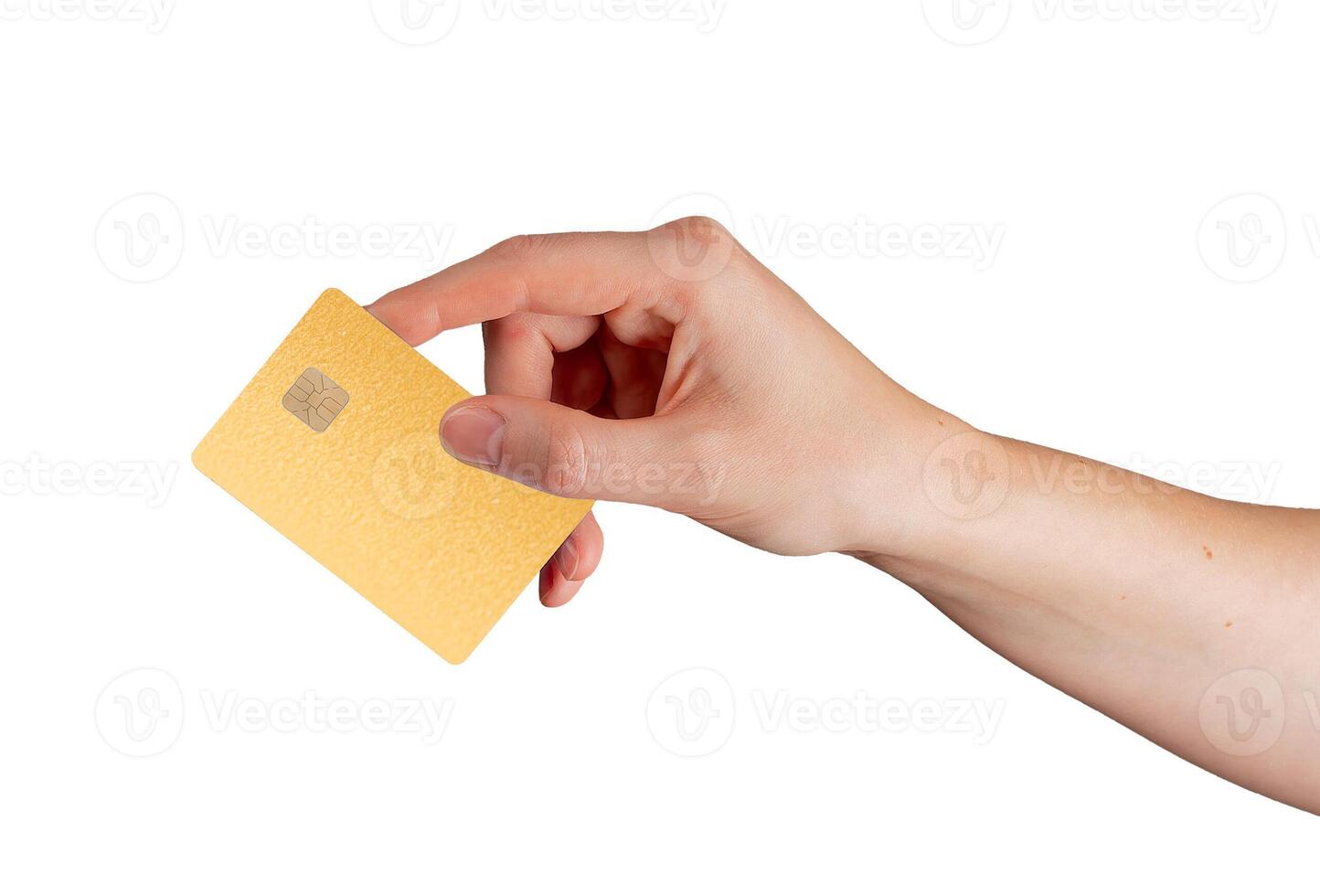 Card in hand. Client showing elegant plastic credit and debit bank card with chip, glossy texture, photo