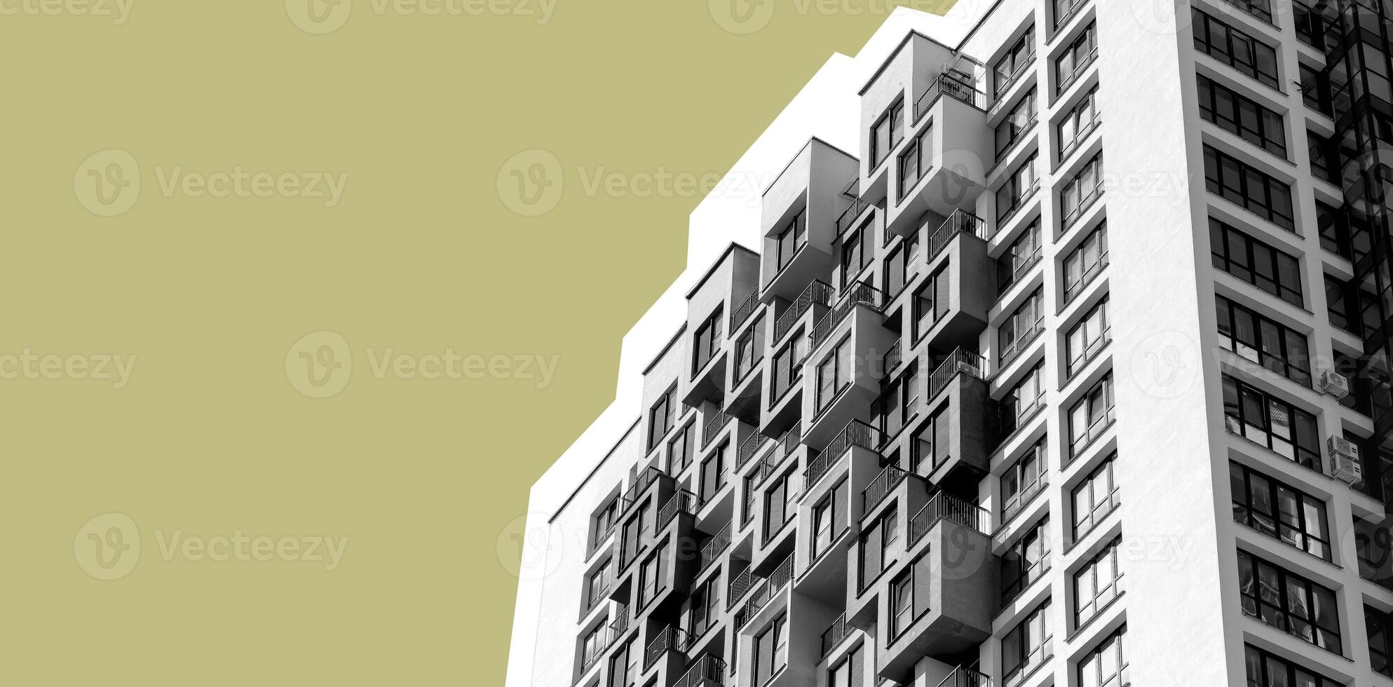 Building with tall highrise block. Modern apartment, condominium, residential housing, home and photo