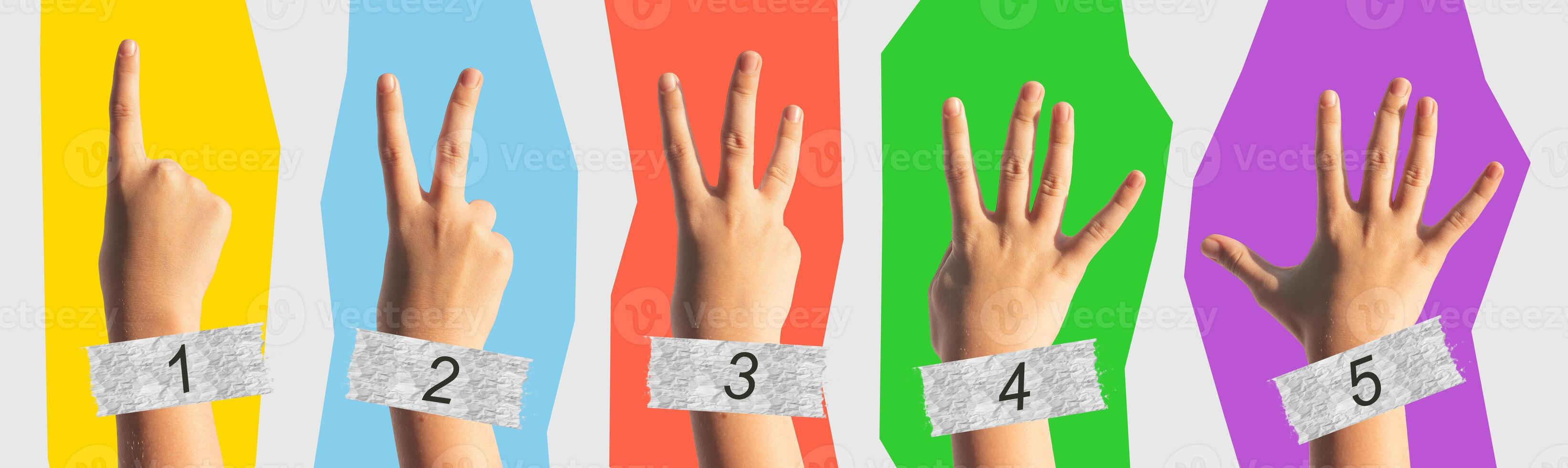 Hand showing counting gesture. Kid raising fingers to count one, two, three, four, five for math, photo