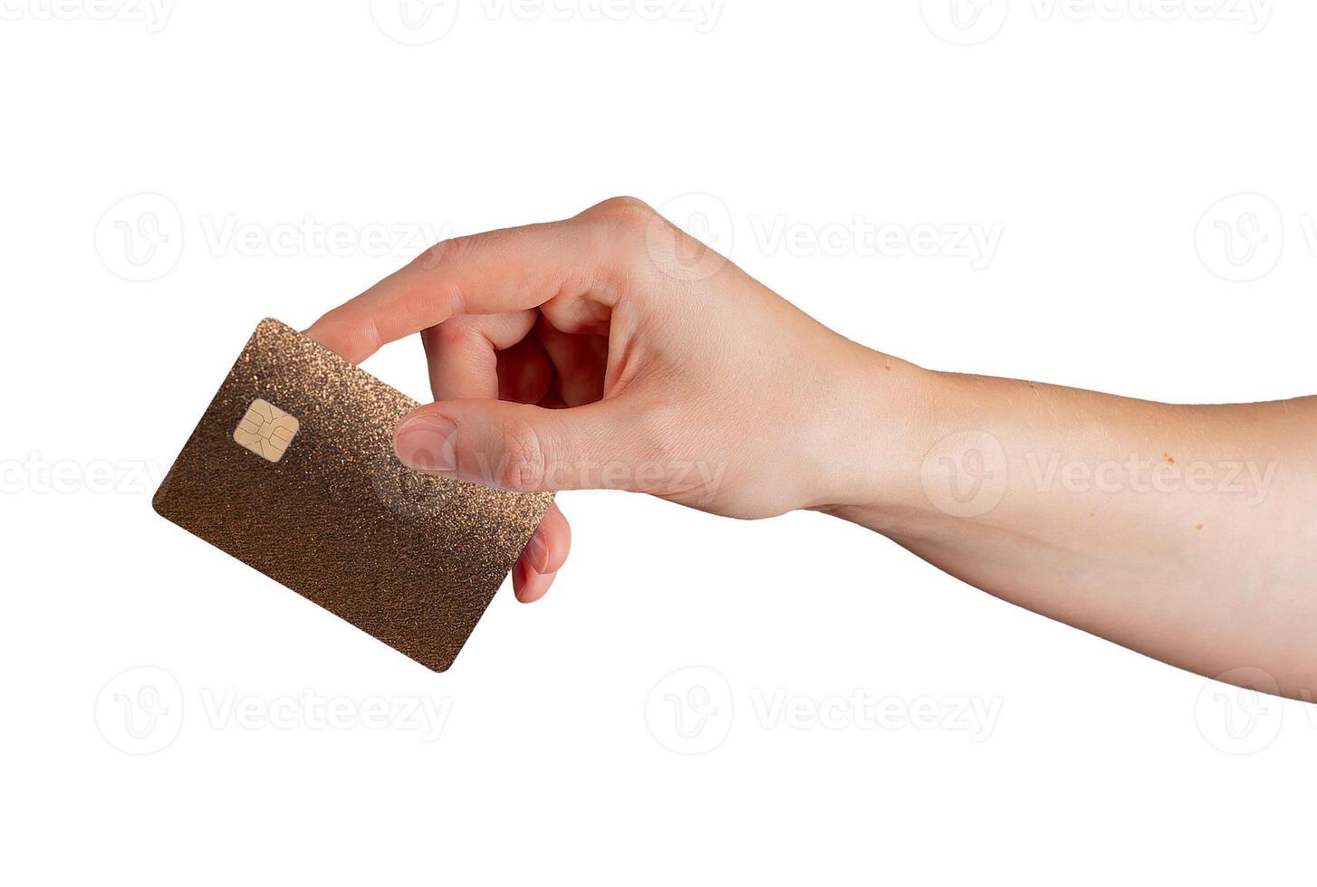 Card in hand. Client holding elegant plastic credit and debit bank card with chip, glossy texture, photo
