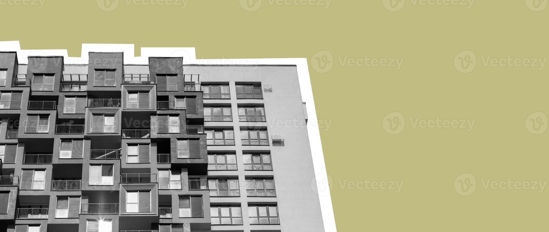 Building with highrise facade. Multistory condominium, apartment, home, residence and dwelling, photo