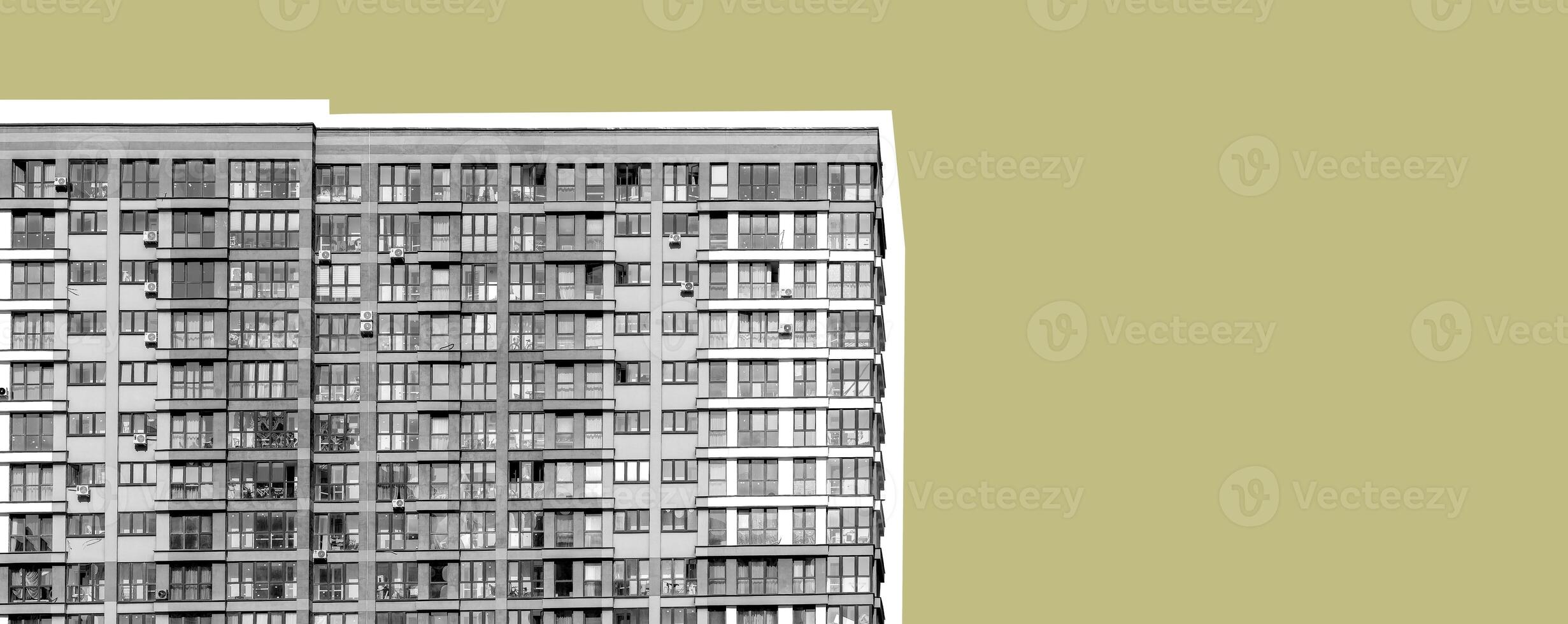 Building with modern architecture. Tall highrise condominium, apartment block, home and dwelling, photo