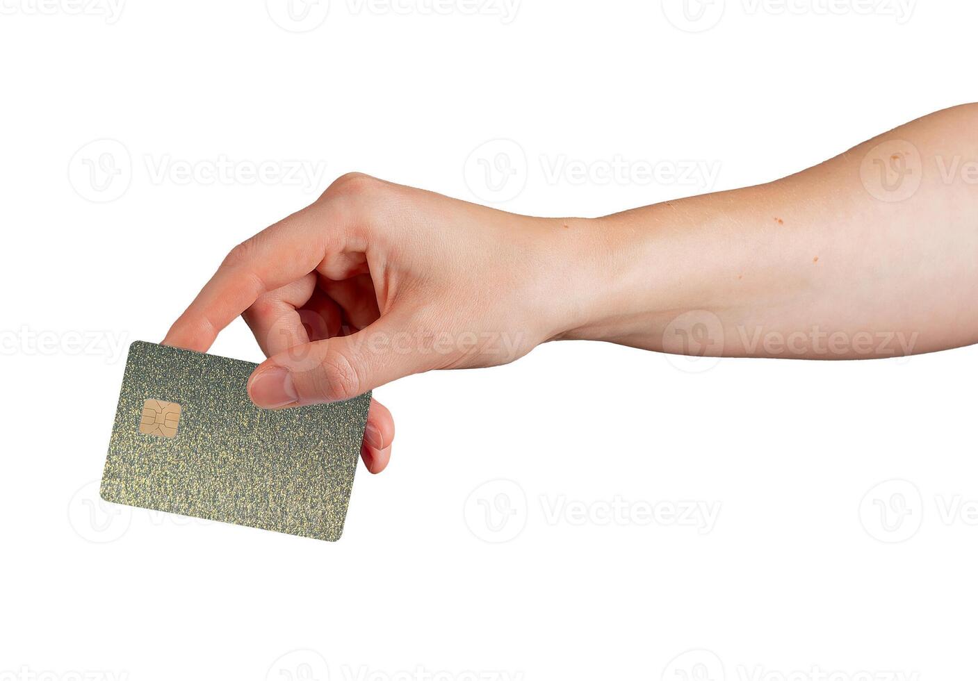 Card in hand. Client showing plastic bank credit and debit object with chip, green and yellow photo