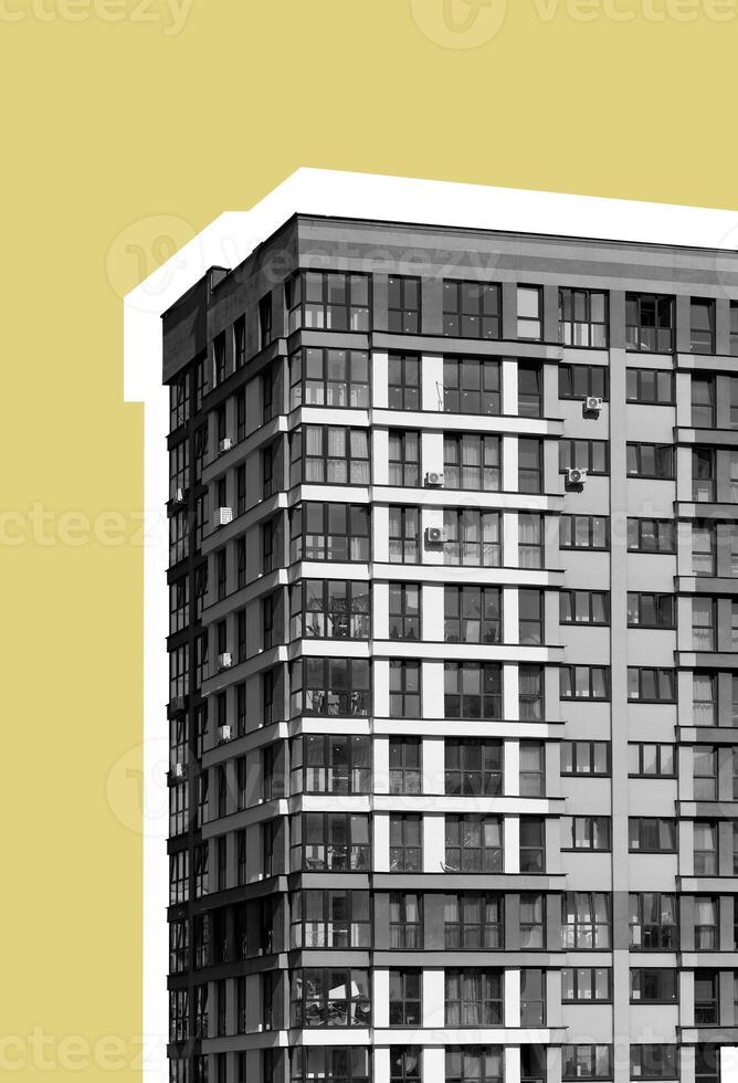 Building facade with window and balcony. Housing block, multistory residential architecture, modern photo