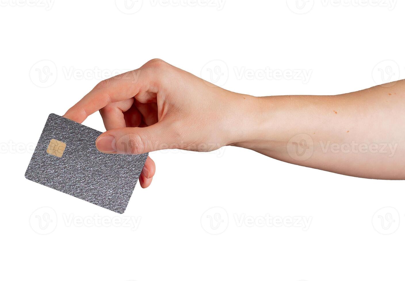 Card in hand. Customer holding glossy plastic bank credit and debit object with chip, gradient photo