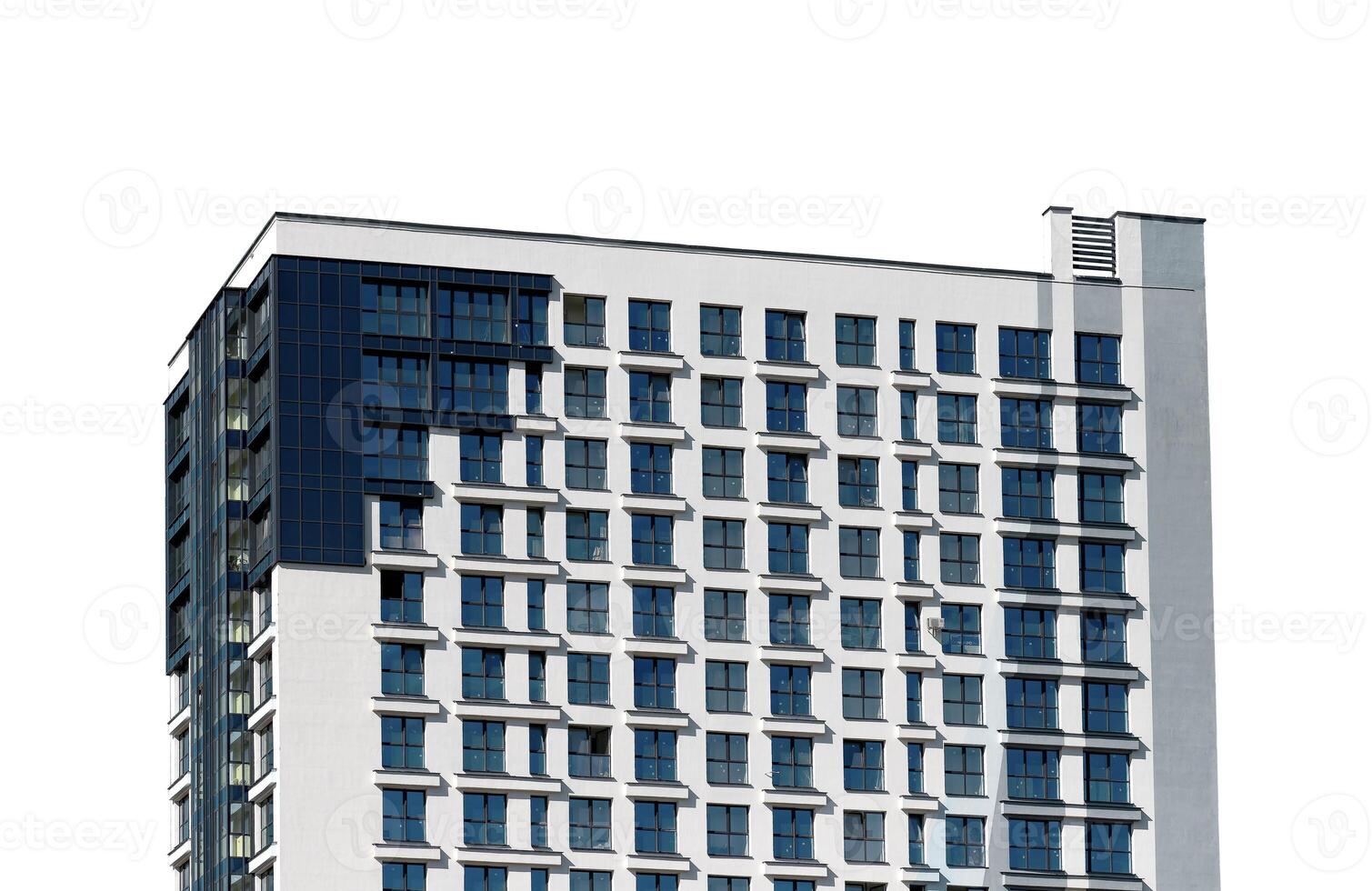 Building facade in metropolitan city. Tall modern highrise block with apartment, office, and housing photo