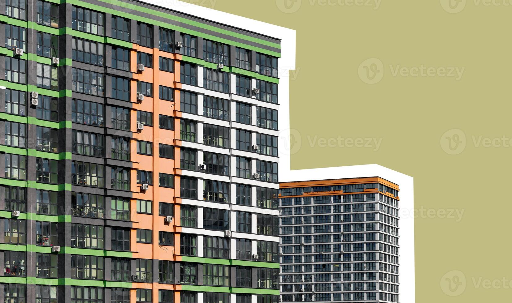 Building facade in metropolitan city. Tall modern highrise block with apartment, residence, and photo