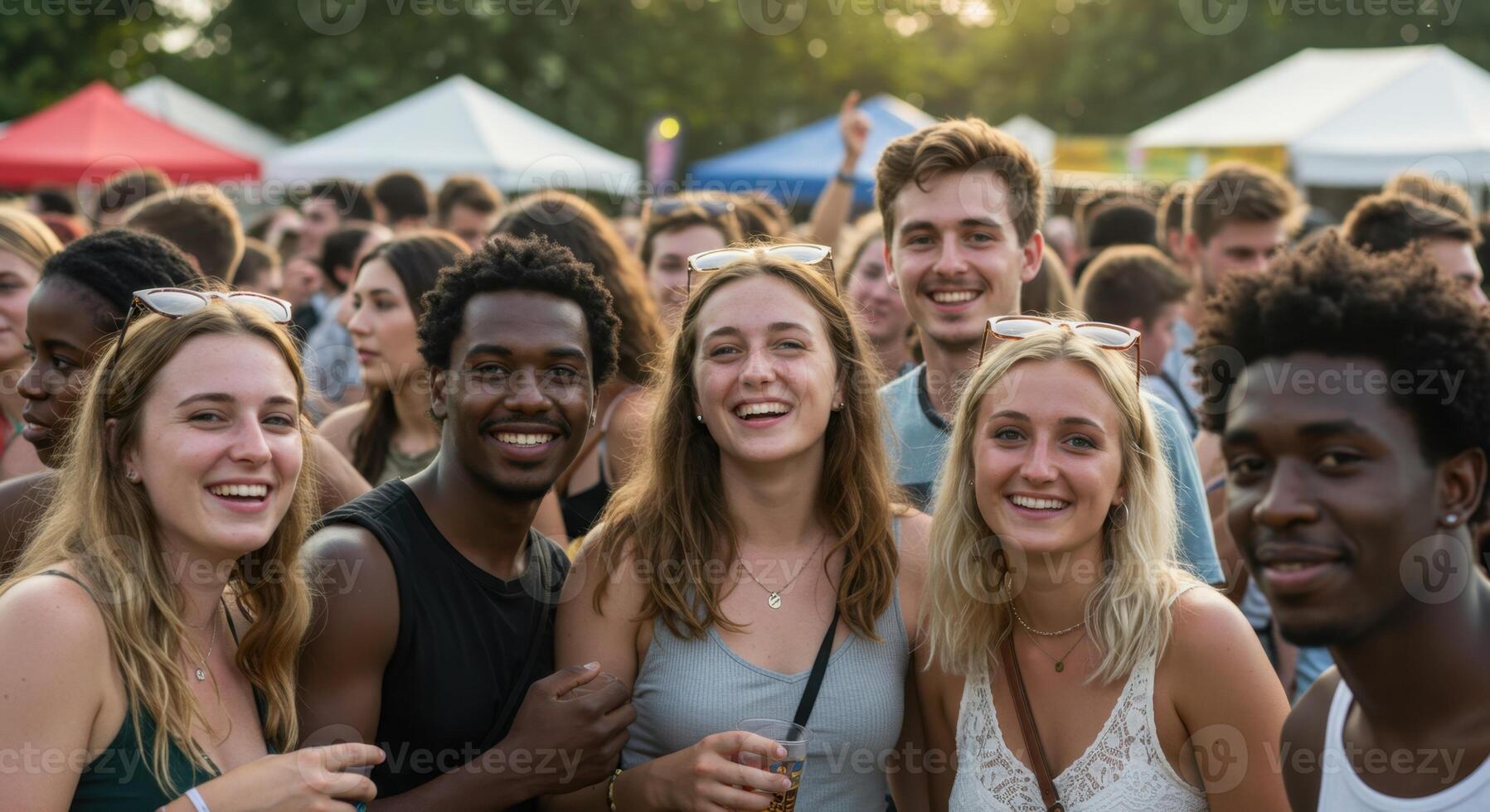 Diverse Group of Young Adults Enjoying Outdoor Music Festival in Casual Summer Fashion photo
