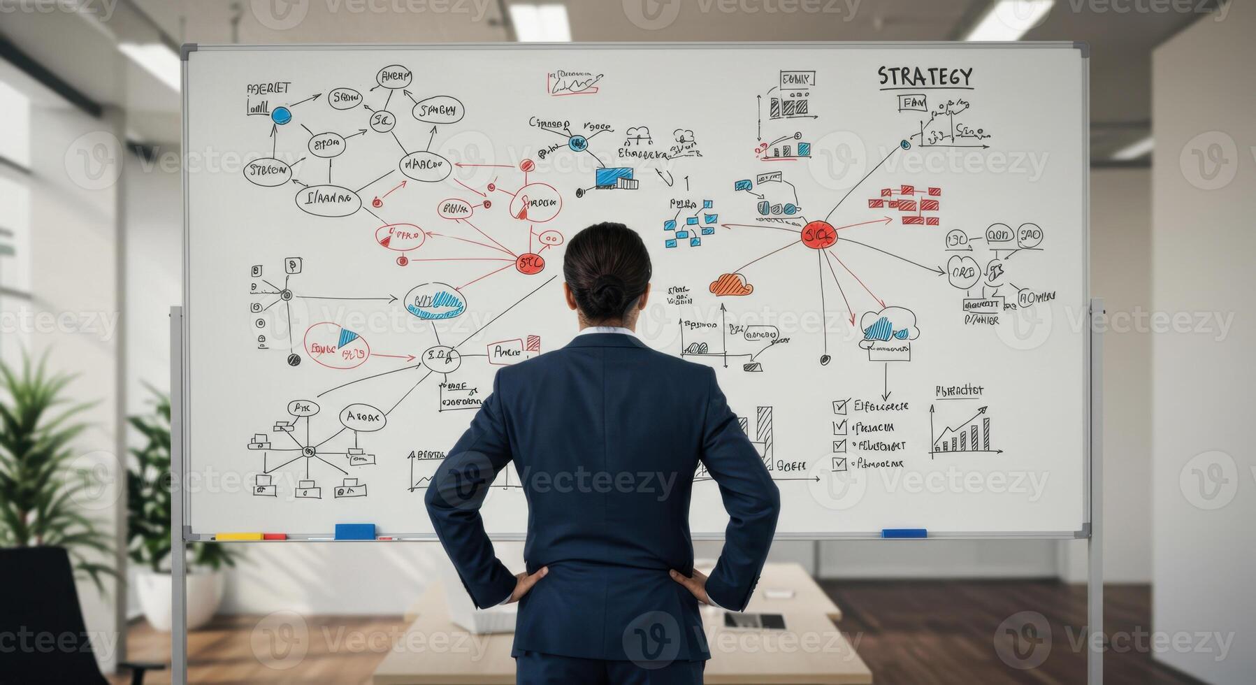 Businesswoman in Suit Analyzing Strategic Plan on Whiteboard - Rear View, Office Setting, Medium Skin Tone, Straight Black Hair in Bun photo