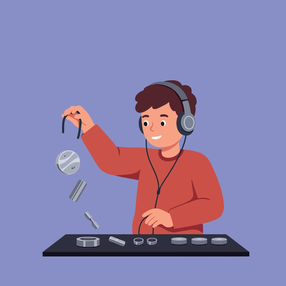 A young boy with headphones joyfully assembling mechanical parts on a dark table in a flat illustration showcasing creativity and excitement vector