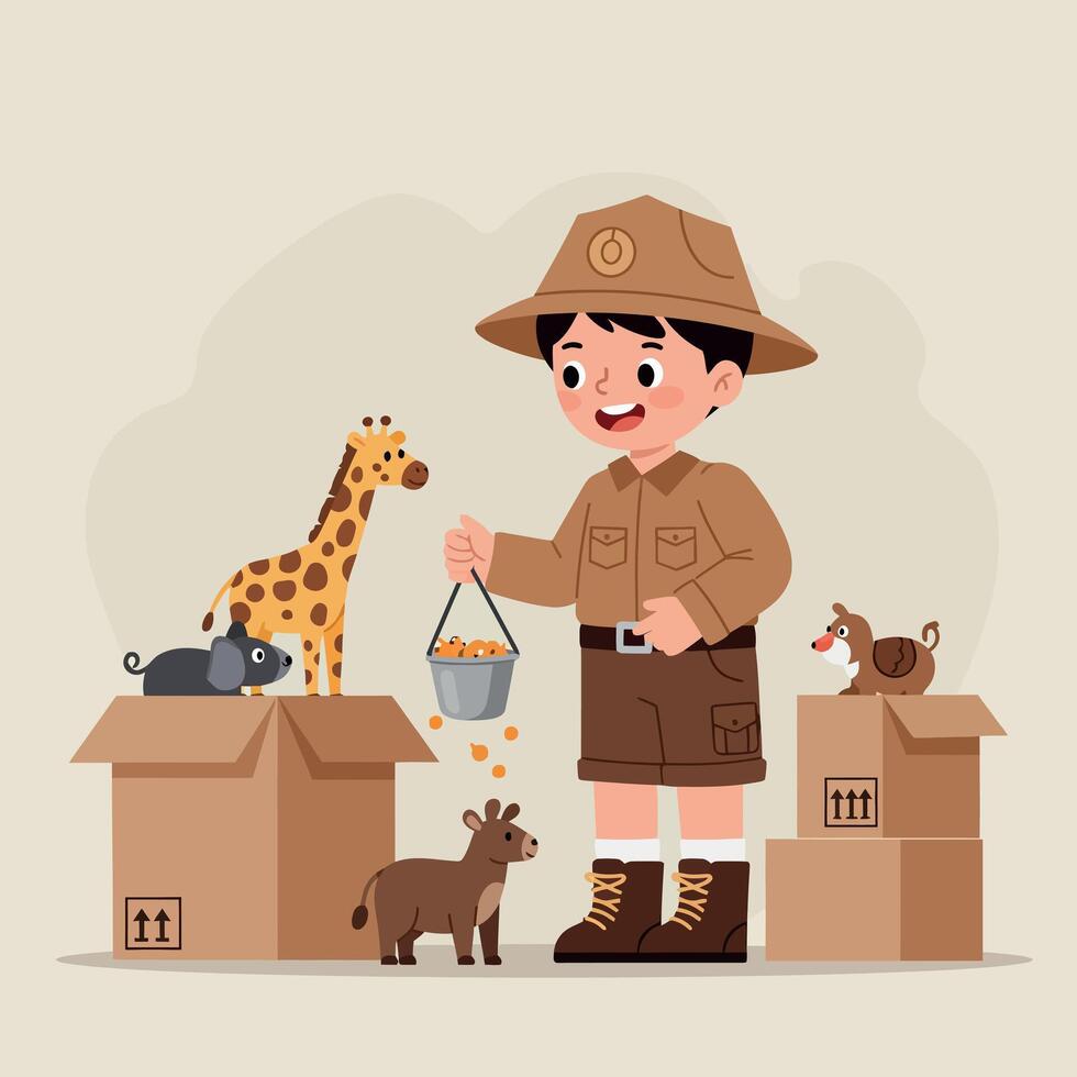 A cheerful boy in a safari outfit feeding animals from a bucket in a playful flat illustration setting with various lively creatures around him, showcasing joy and adventure in art vector