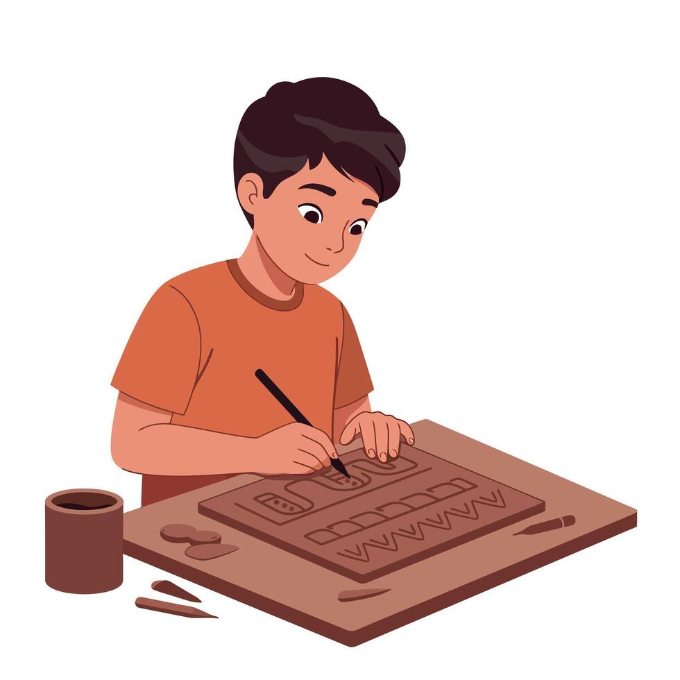 A young boy focused on sculpting clay with tools in a bright, creative space, showcasing a flat design style in vibrant colors, illustration vector