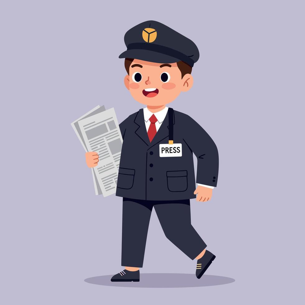 Young boy dressed as a press reporter in a suit holding a newspaper, cheerful expression, flat art vector