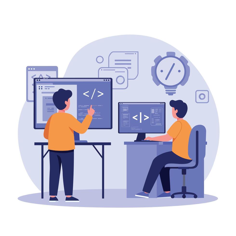 Two young male programmers working on coding tasks in a modern office setting with flat design art vector