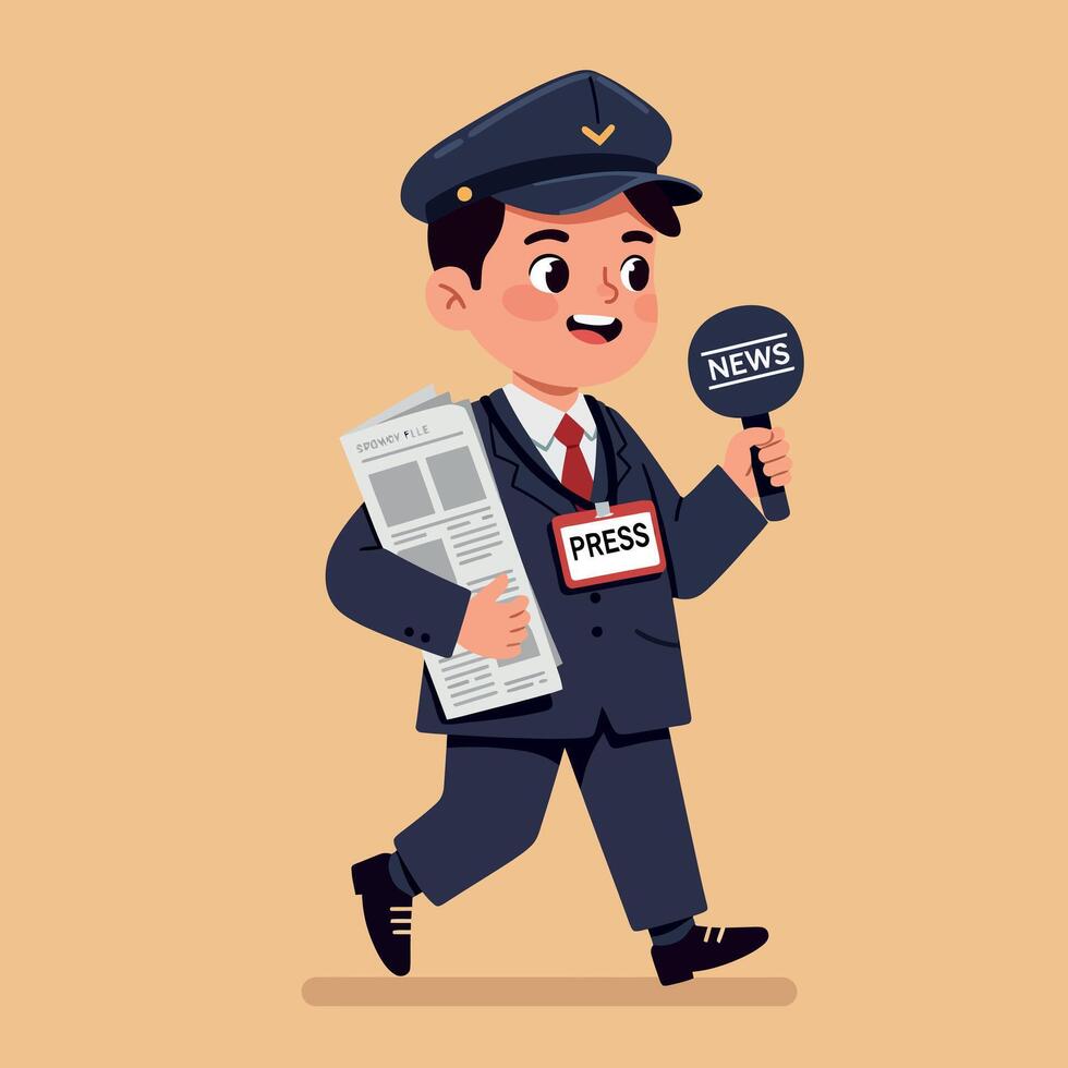 A cheerful young boy dressed as a news reporter in a flat design style carrying a newspaper and microphone, art vector